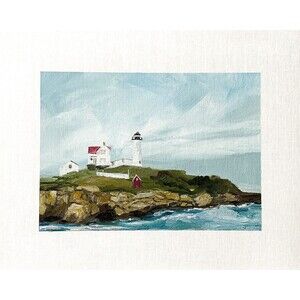 8x10 Maine Original Oil Painting Seascape Nubble Lighthouse New England Signed